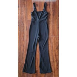 (M)Black Ribbed Scoop Neck Sleeveless Athletic Bodysuit Romper Tank Top Slim Fit